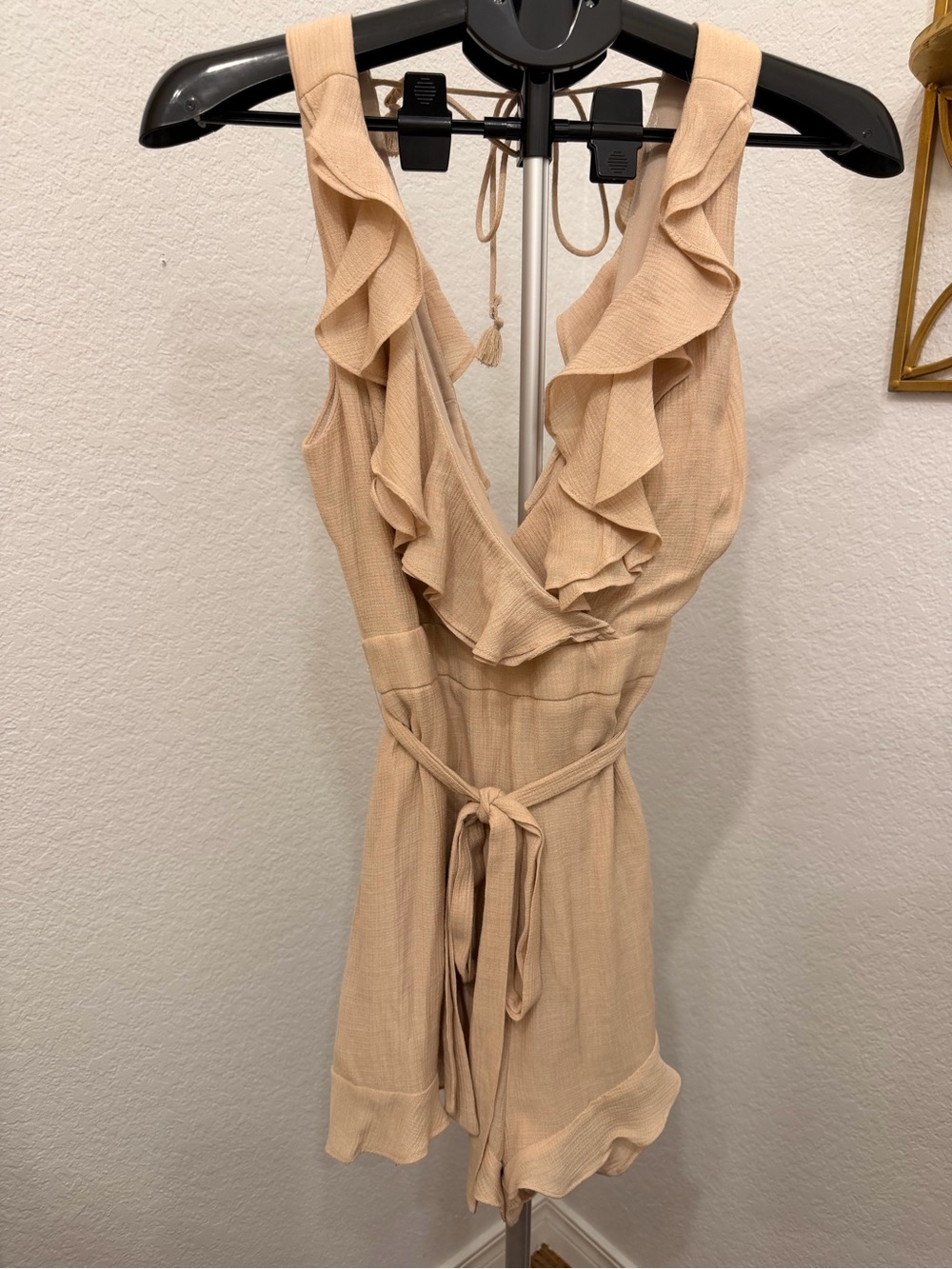 essue Beige Ruffle V-Neck Romper